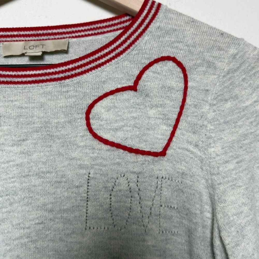 LOFT Women Love Sweater Small Gray Heart Embroidered Varsity Stripe Crewneck